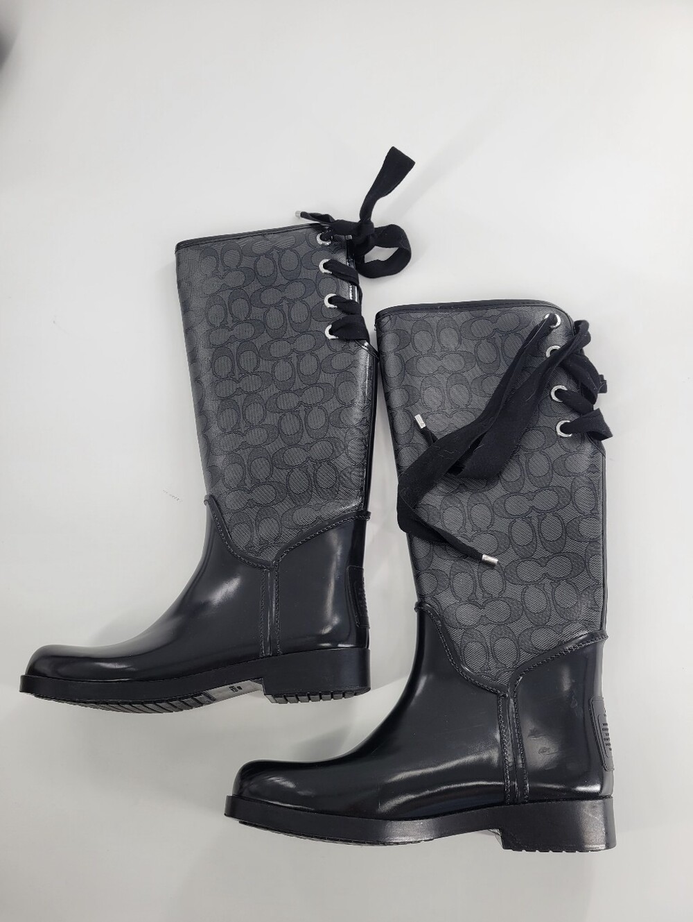 COACH TRISTEE BLACK WHITE LOGO CANVAS LACE UP CORSET RAIN BOOTS Size 8